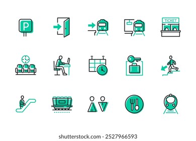 City station and transport - set of line design style icons isolated on white background. High quality images of tram, ticket office, escalator, waiting room, parking, exit door, restaurant and toilet