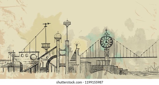 City in steampunk style. Panorama of the city. Clock tower. Cable bridge. Science. Magic. Fantasy. Future. Vector hand drawn illustration. Vintage card