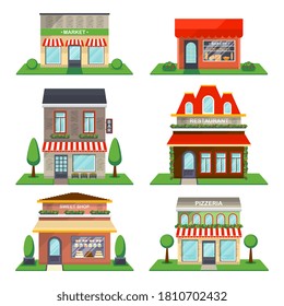 City store building. Commercial public building illustration. Local market, bakery, bar, restaurant sweet shop, pizzeria building and shop facade icon on white. Vector urban store and catering place