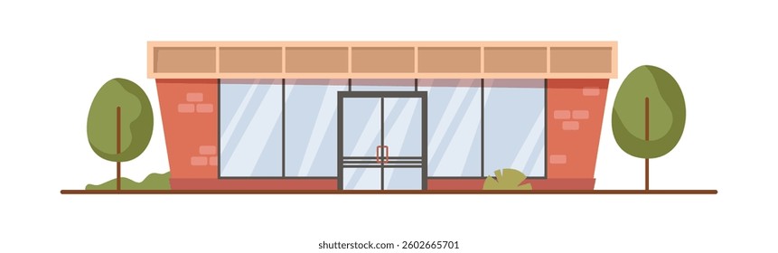 City store exterior, isolated modern supermarket. Vector shopping center or mall with entrance and panoramic windows. Building facade, shop territory landscape design, town infrastructure