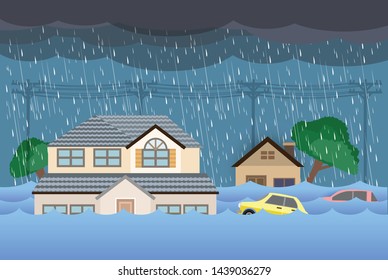 city ​​flood,Rain and storm, flooding water in city street, vector design