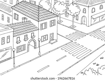 City street aerial view from above crossroad graphic black white sketch illustration vector 