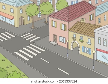 City street aerial view from above crossroad graphic color sketch illustration vector 