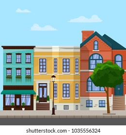 City street with apartment buildings. City architecture. Vector flat illustration.