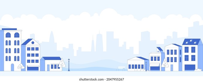 City street with apartments houses and skyscrapers on horizon background. Town view with house facades scene. Abstract architecture cityscape horizontal panorama. Vector illustration in flat style