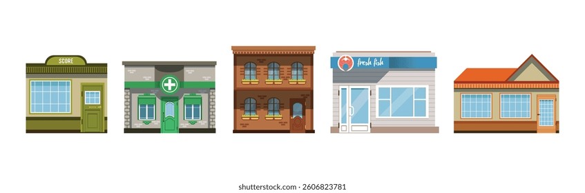 City Street Architecture and Building Front View Vector Set