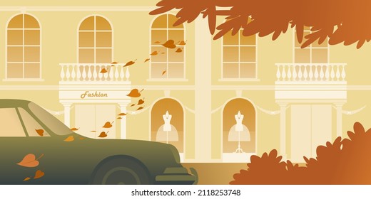 City street in autumn leaf fall. Background vector illustration for landing page mockup or flat design advertising banner.