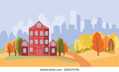 City street of the autumn city. a warm, clear day. Leaves fly off the trees. Vector illustration