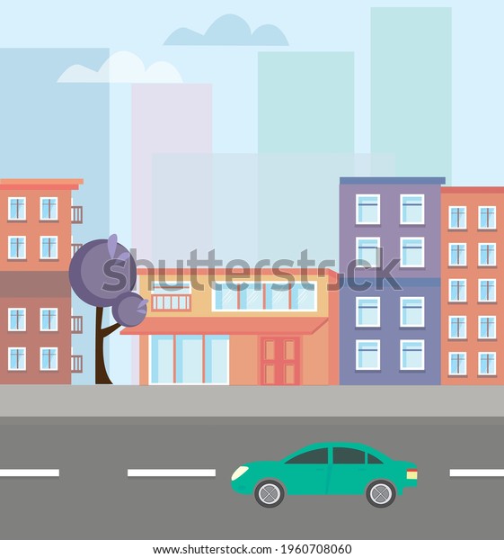 City street background. City building houses\
view skyline background real estate cute town concept horizontal\
banner flat vector\
illustration