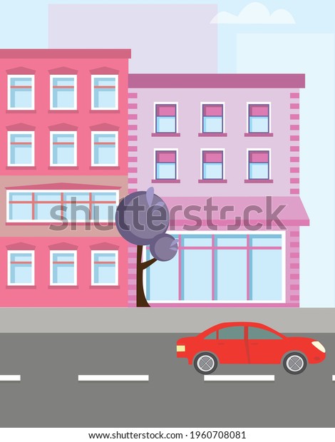 City street background. City building houses\
view skyline background real estate cute town concept horizontal\
banner flat vector\
illustration
