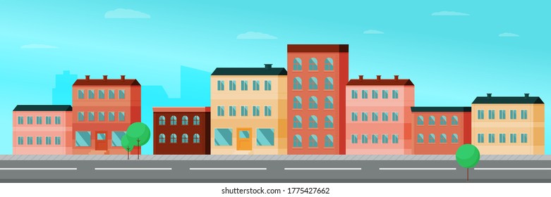 City street background. Cityscape with houses facades. Flat vector illustration