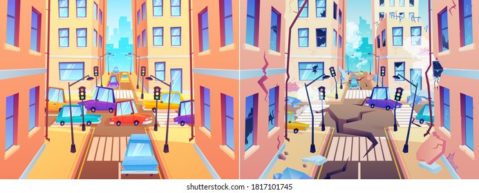 City street before and after earthquake. Damaged road and destroyed buildings. Town with good crossroad and after natural disaster with cracked ground. Cataclysm vector illustration