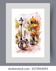 City street with bicycle near street lamp and facade of old building on wall art. Watercolor artwork. Print with cityscape in sunny autumn weather over city streets, in frame with decor for poster