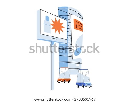 City street with billboard and skyscraper vector illustration. Outdoor marketing, urban development, commercial promotion, city life, brand awareness, traffic flow. Signage high rise building