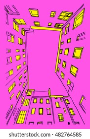 City street. Bottom view. Line work. black and yellow. Doodle. Vector illustration. Pink background