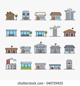 City Street Building And House Minimalistic Color Line Stroke Contour Icon Pictogram Set Collection on a White Background