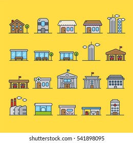 City Street Building And House Minimalistic Color Line Stroke Contour Icon Pictogram Set Collection on a Yellow Background