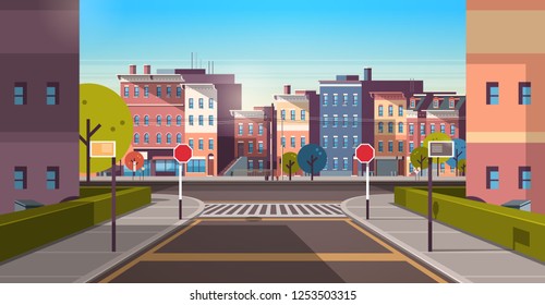 city street building houses architecture empty downtown road urban cityscape early morning sunrise horizontal banner flat