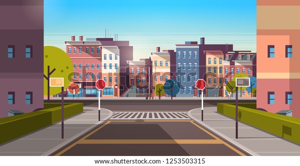 city street building houses architecture empty downtown road urban cityscape early morning sunrise horizontal banner flat