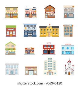 City street building shops real estate architecture isolated set flat design vector illustration