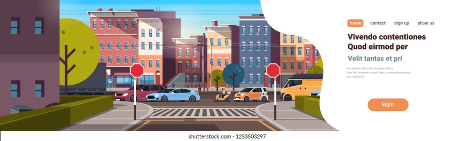 city street building urban traffic cars on road downtown early morning sunrise horizontal banner copy space flat