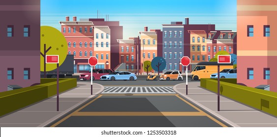 city street building urban traffic cars on road downtown early morning sunrise horizontal banner flat