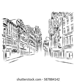 Calle y edificio de la ciudad. Ilustración vectorial. Arquitectura