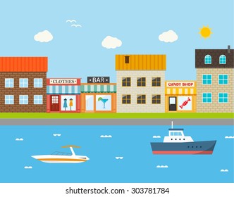 City street with buildings, candy shop, bar, clothes store, vector illustration