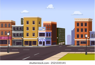 City street and buildings, cartoon style