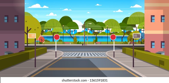 city street buildings empty downtown road urban park river green trees wooden benches cityscape background horizontal banner flat vector illustration