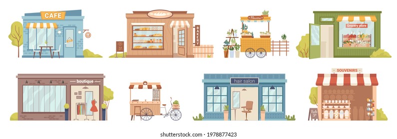 City street buildings facade exterior isolated retail local businesses. Vector cafe and bakery shop, flowers and grocery stores, clothing boutique and mobile kiosk. Hair salon and souvenirs market