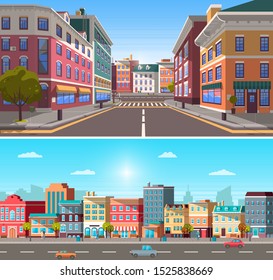 City street with buildings and infrastructure vector. Homes and houses placed in row. Cars on roads in urban area. Old and modern construction in city. 3d town with pedestrian crossings and trees