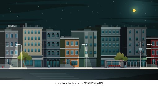 City street with buildings and moon in the middle of the night.