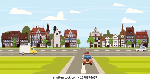 City street buildings old houses architecture downtown, crossroads road highway cars. Vector, illustration, cartoon, isolated, poster, baner