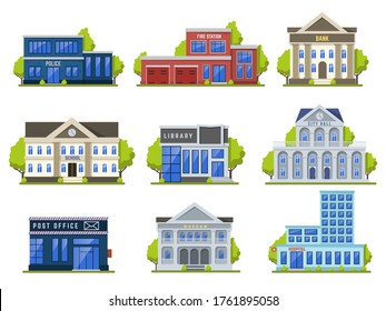 City street buildings. Public modern library, theater and museum, bank, police office exterior, hospital facade isolated vector illustration set. Street house, library and bank, shop and office