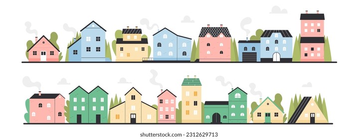 City street with buildings, residential area vector illustration. Cartoon urban landscape of town or village with houses and trees in row, front view of cottages exterior with door and windows