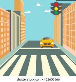 City Street with Buildings, Traffic Light, Crosswalk and Car. Vector background
