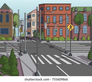 City street with buildings, traffic light, crosswalk and traffic sign. ?ityscape background. Vector illustration
