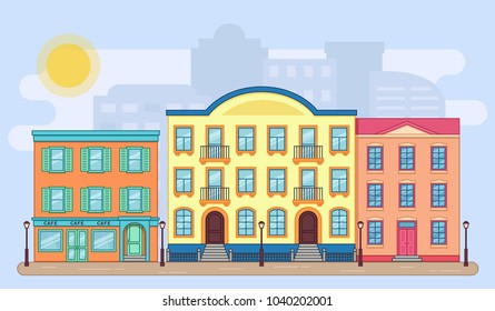 City street with buildings. Vector. Houses in flat style. Cartoon home cityscape background. Residential house with apartments. Architecture design. Linear illustration.