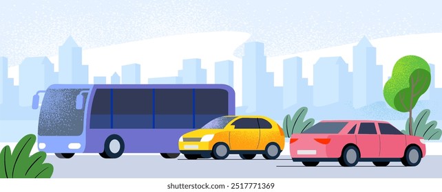 City street with bus and cars. Traffic on road