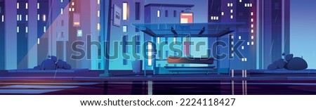 City street with bus stop in rain at night. Town landscape with public transport station with glass shelter, car road and buildings in rainy weather, vector cartoon illustration