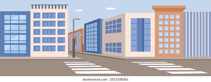 City street. Business district. Real estate. Road. Zebra cross. Street lamp. Office building. Urban landscape. Office building area. Crosswalk illustration.