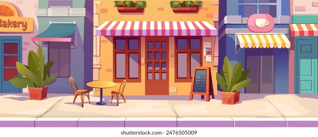 City street cafe background banner for game design. Small business cityscape with outdoor chairs and table of restaurant by cafeteria and bakery, shop entrance in building. Vector cartoon illustration