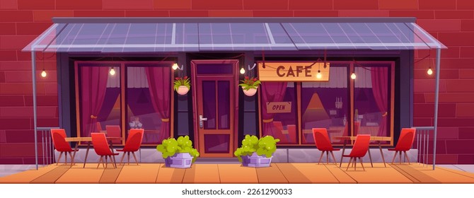 City street with cafe exterior with tables and chairs on terrace outdoor. Town building with restaurant, coffee shop or cafeteria facade, vector cartoon illustration