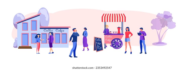 City, street, cafe, people, queue to the street cart with coffee. Modern vector illustration. Minimalism