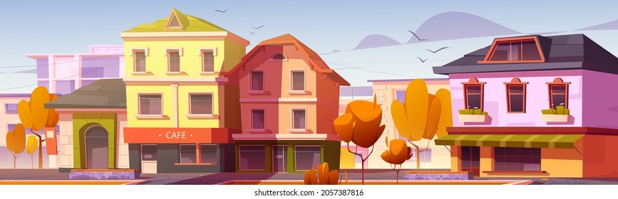 City street with cafe, shop buildings and orange trees. Vector cartoon illustration of autumn landscape of European town with empty sidewalk, restaurant facade, houses and flying birds