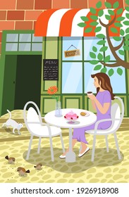 City street cafe summer scene. Girl sits at outdoors restaurant table terrace under tree holds cappuccino coffee cup and enjoys the moment. Cat on steps and birds peck seeds on road. Vector eps poster