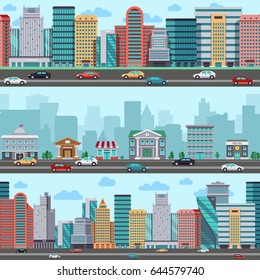 City street with cars and buildings. Vector wrapper panoramic urban design