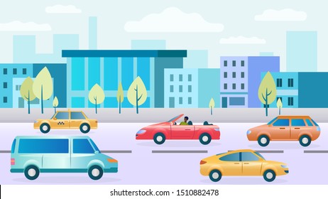City street with cars. Modern houses, shops, sidewalks. Highway Traffic. Сars Collection. The bustle of the big city. City background. The problem of high traffic in cities. Flat Vector Illustration
