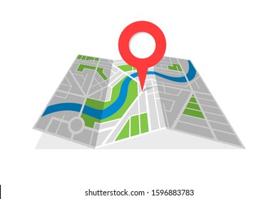 City street cartography folded map with navigation location pin pointer. Finding the way direction concept vector illustration